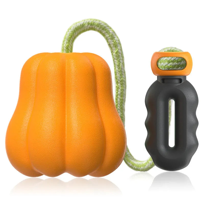 Orange plastic pumpkin-shaped dog toy with rope attached for throwing