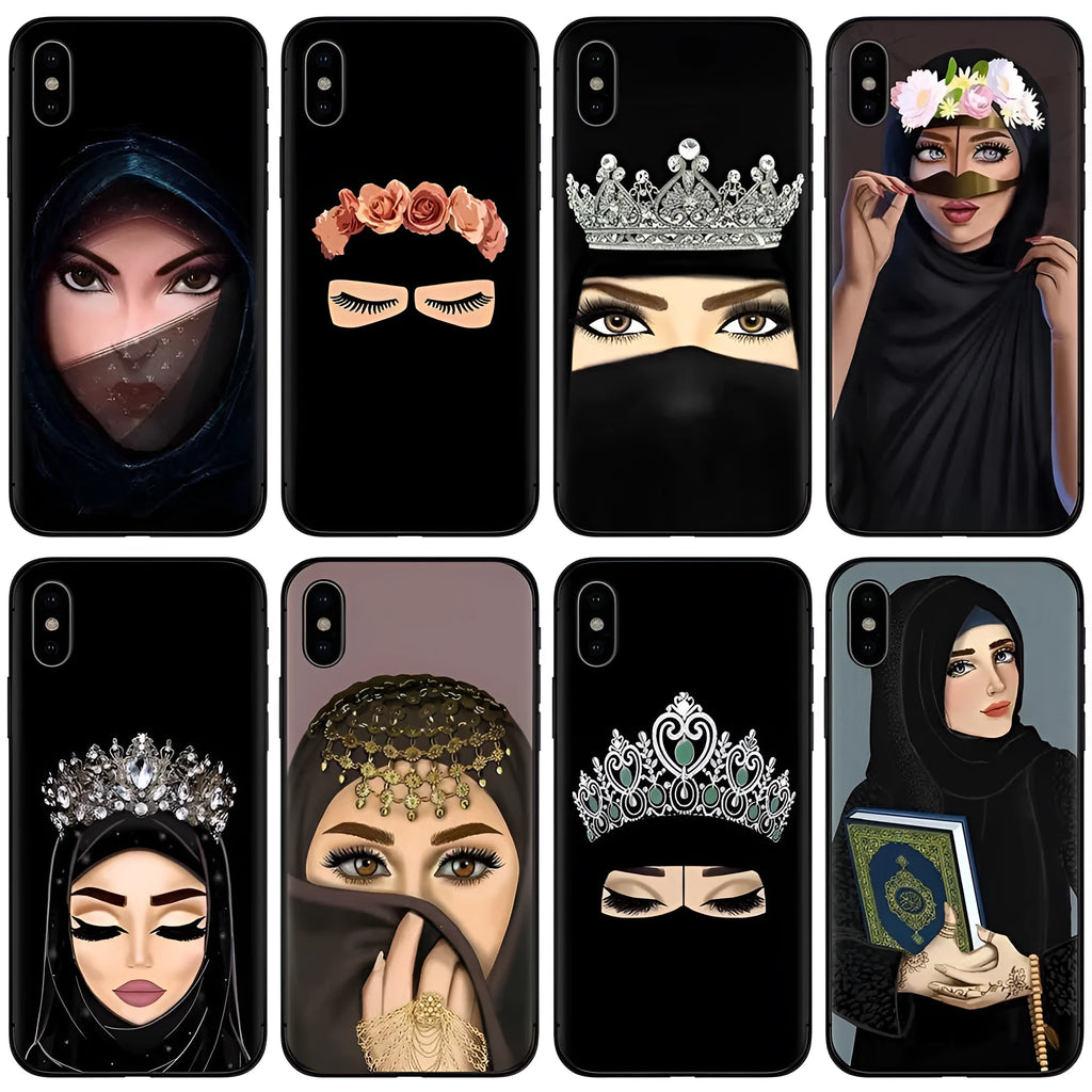 Islamic hijab veil girl TPU phone case with rhinestones floral letters painted design for iPhone