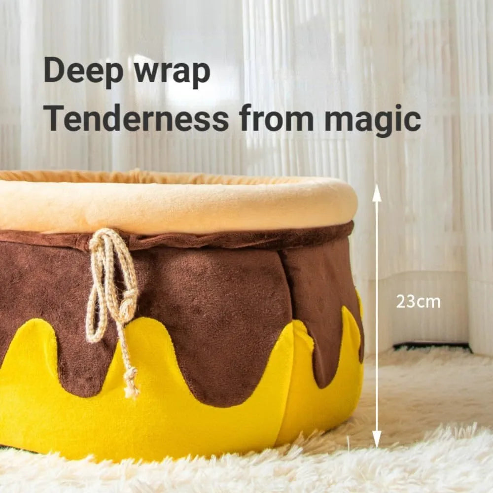 Honey pot shaped cat sofa bed with magic wands in soft pink fabric with removable cushion