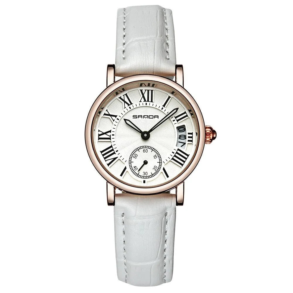 Women's waterproof quartz watch with round 32mm dial, leather strap, and onion crown