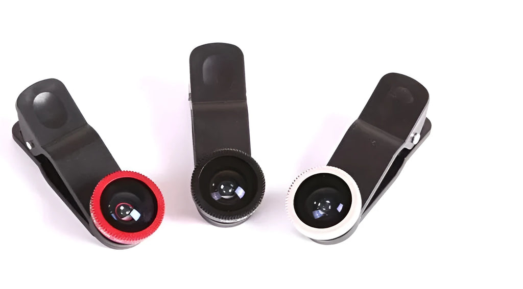 Smartphone camera lens clip kit showing four detachable lenses: wide angle, macro, fisheye and telephoto.