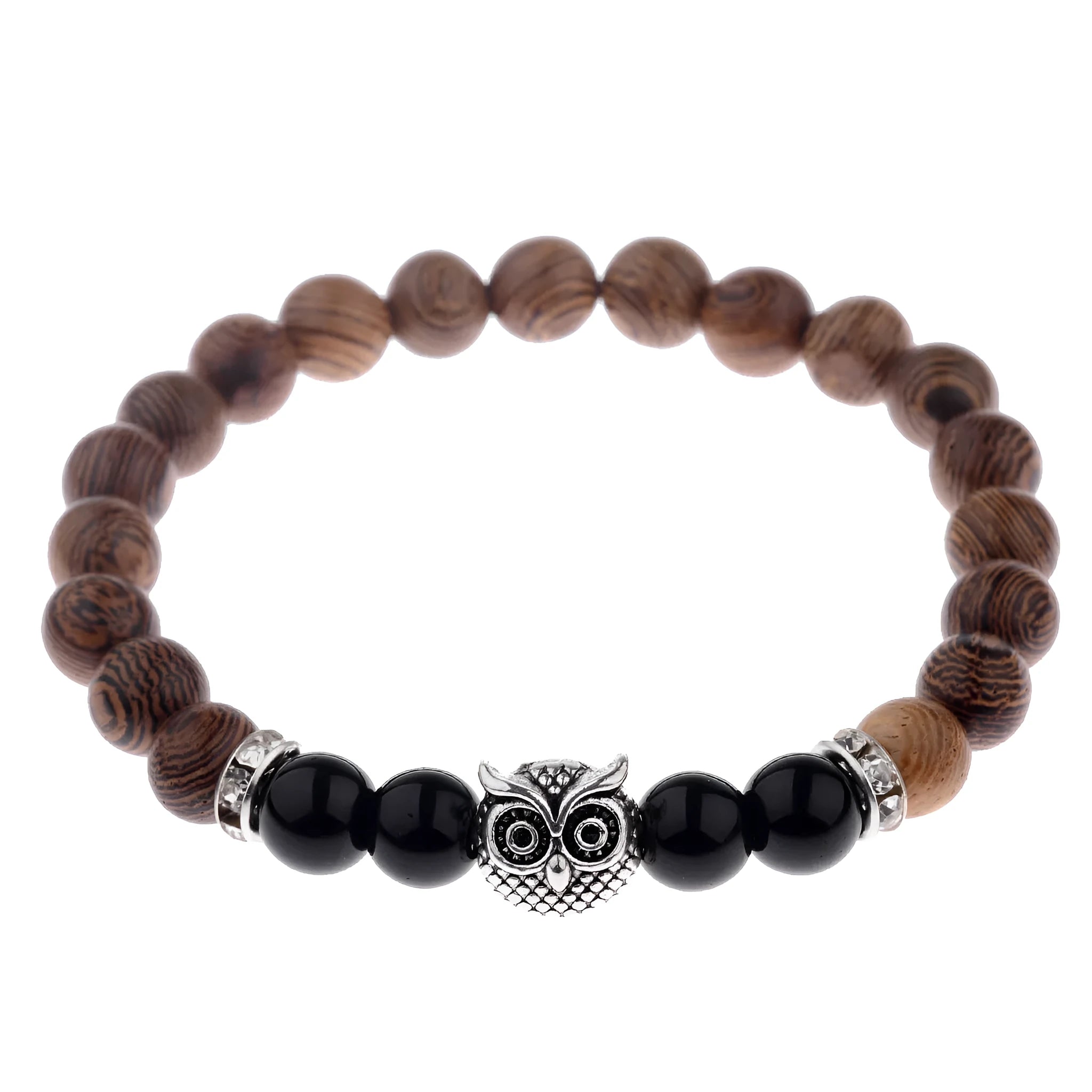 Owl frosted stone lifeline wood grain bracelet with wood beads alloy stone in black and gold colour options