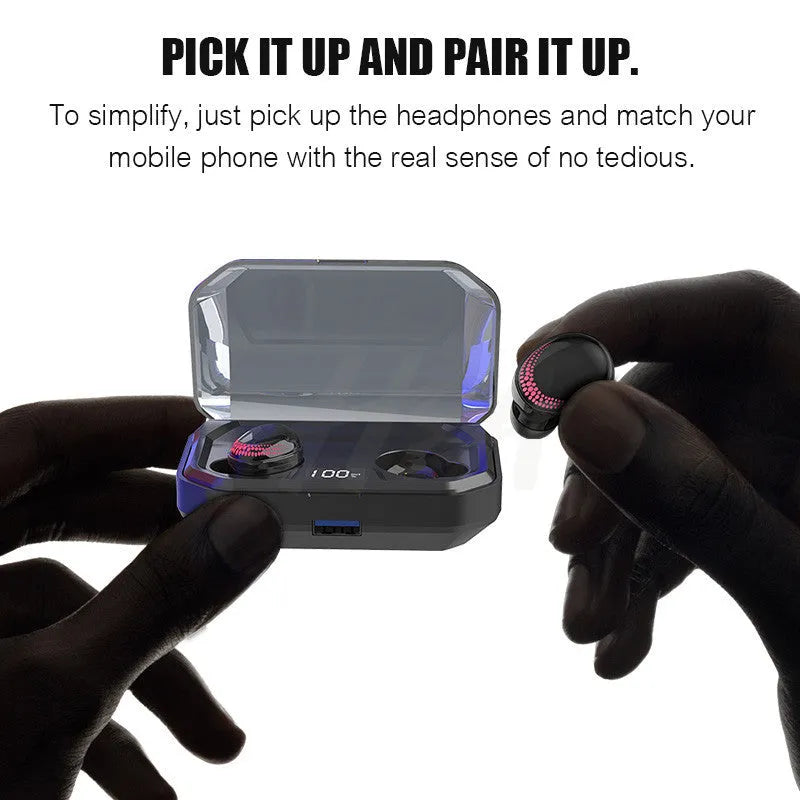 Black X10 Bluetooth wireless earbuds with charging case showing 8-hour call time specification