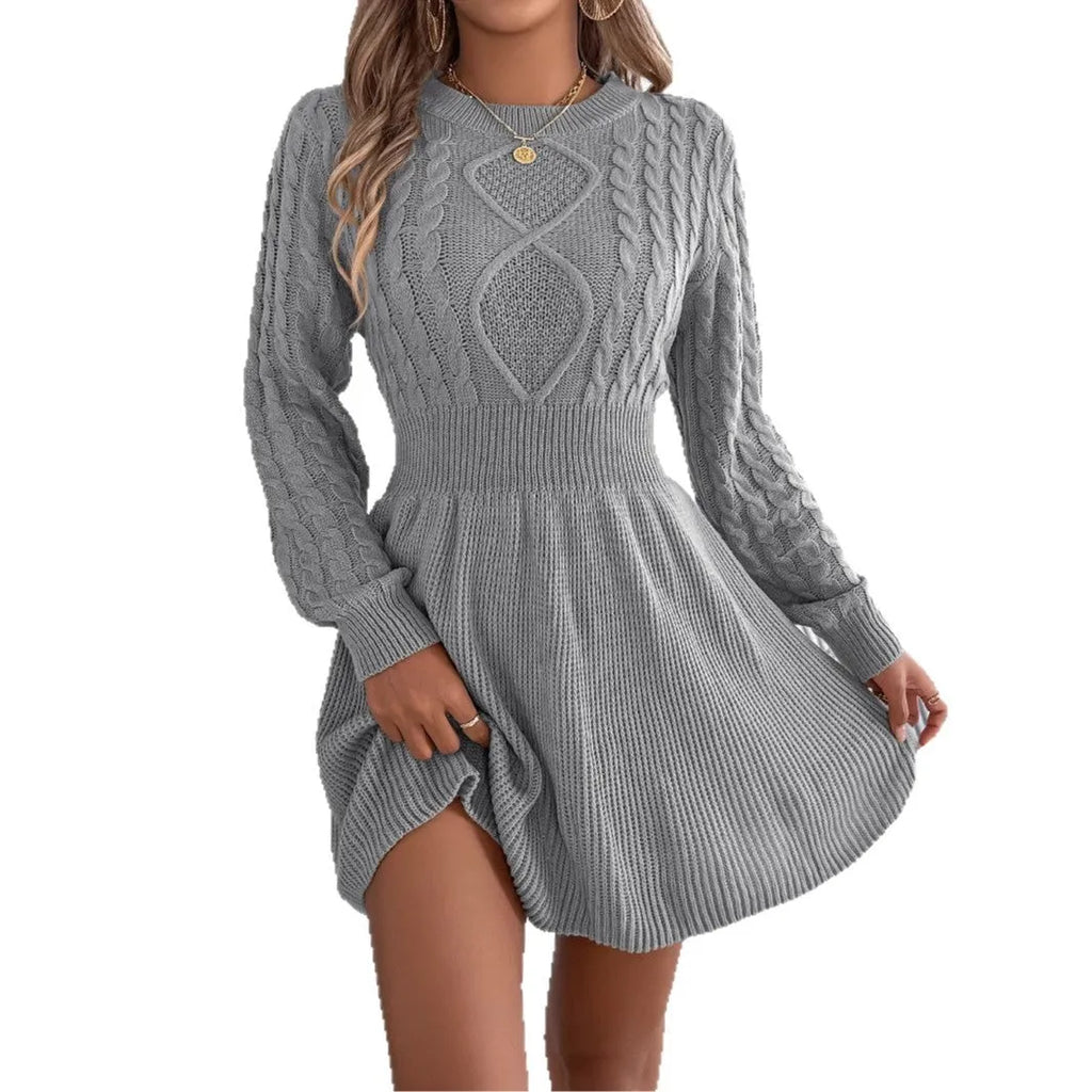 Artificial fur sweater dress with elastic waist, lantern sleeves, and midi length in black colour