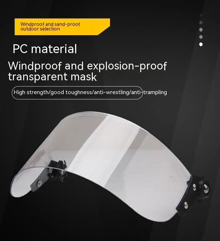 Transparent polycarbonate safety mask for helmet attachment, 30cm wide by 15cm high.