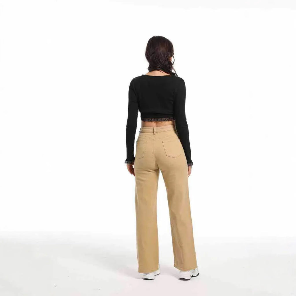 Women's high-waist straight-leg wide jeans in apricot colour, laid flat