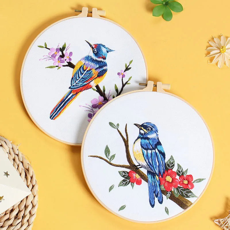 Flower and bird hanging painting embroidery DIY kit with chintz fabric, threader, scissors, and 20cm bamboo frame