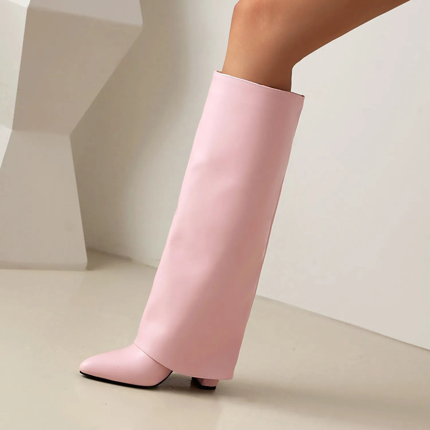 Women's plus size thick high heel boots in white, black or pink colours with high cylinder sock length