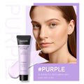 Colour-correcting moisturising makeup primer in 30g container with green, pink, and purple shade options