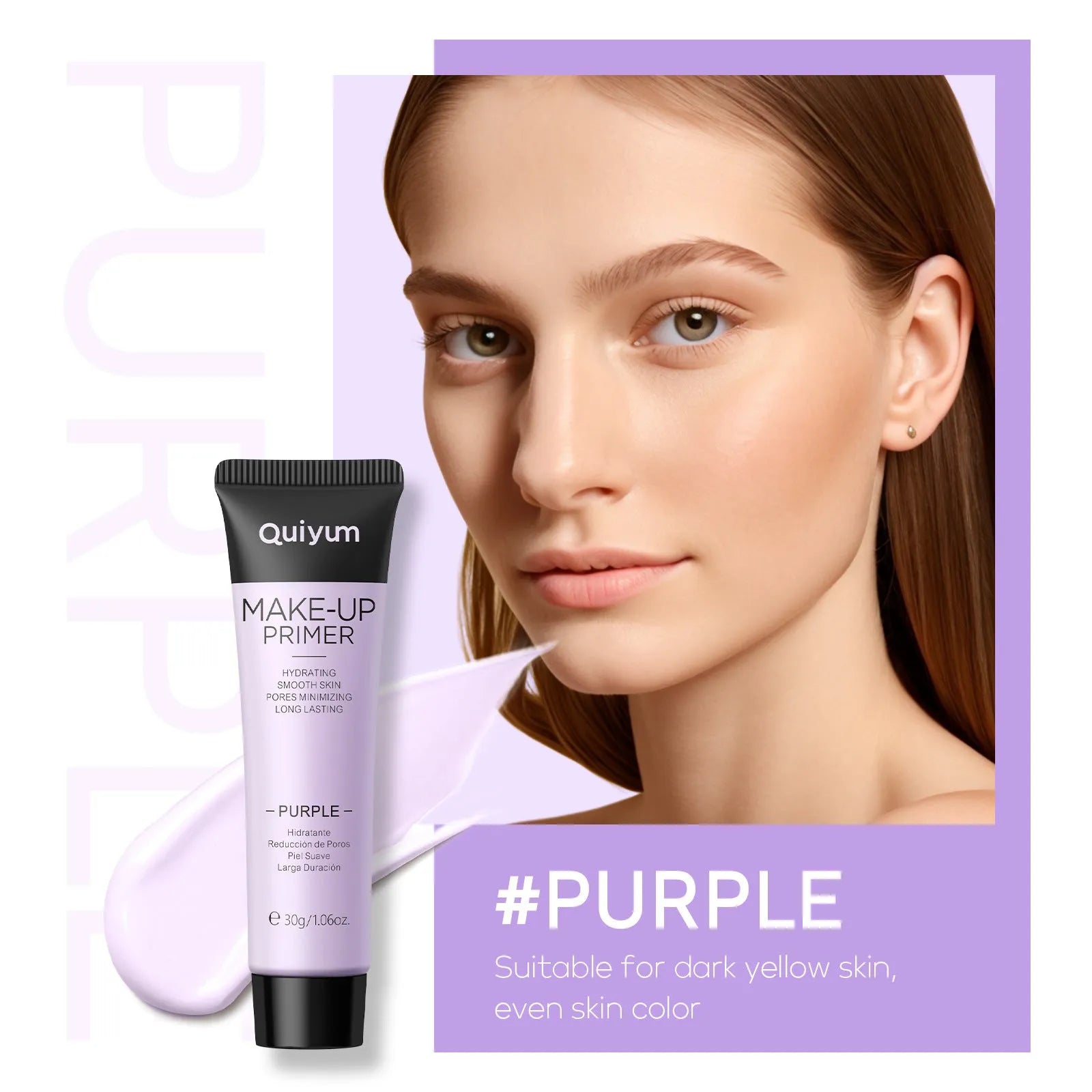 Colour-correcting moisturising makeup primer in 30g container with green, pink, and purple shade options