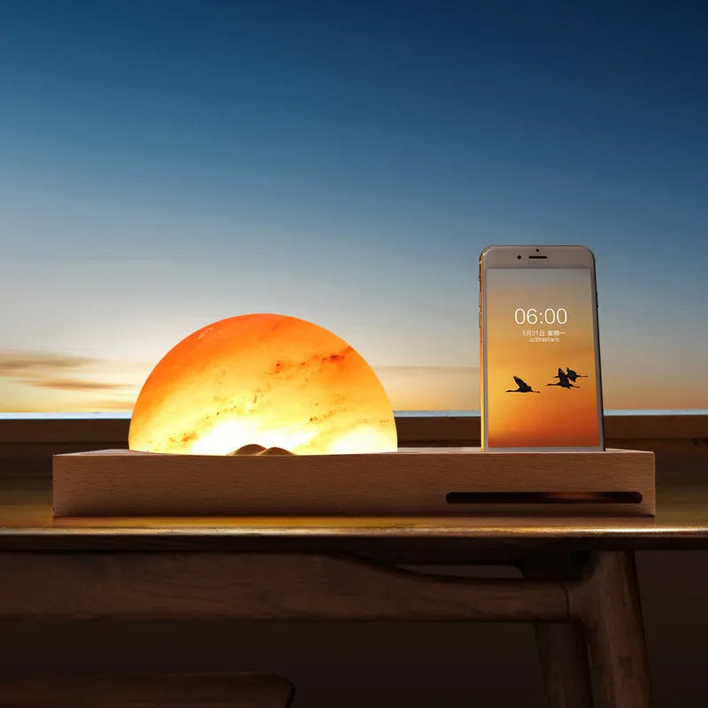 Sunrise Oriental LED table lamp with natural crystal salt shade and wireless charging on beech wood base