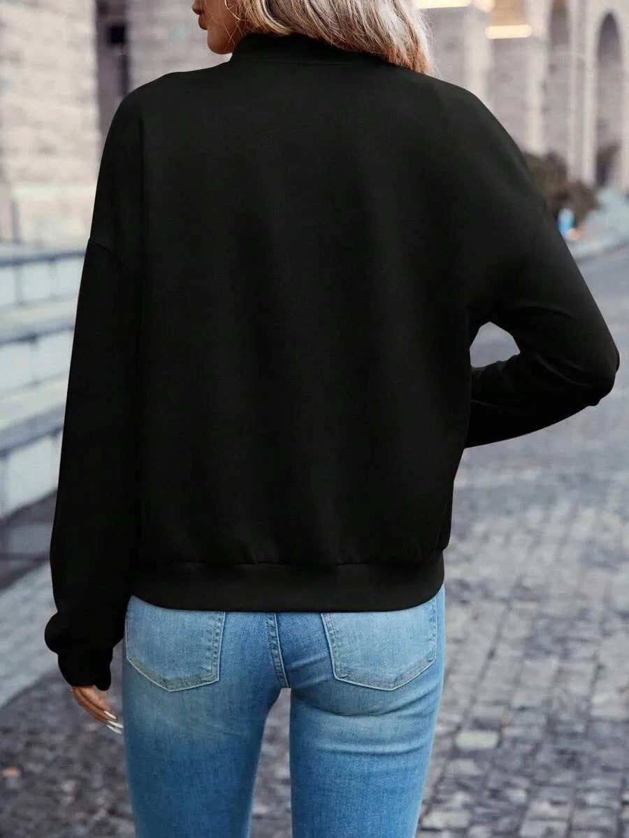 Black women's zip jacket with long sleeves for casual autumn winter wear