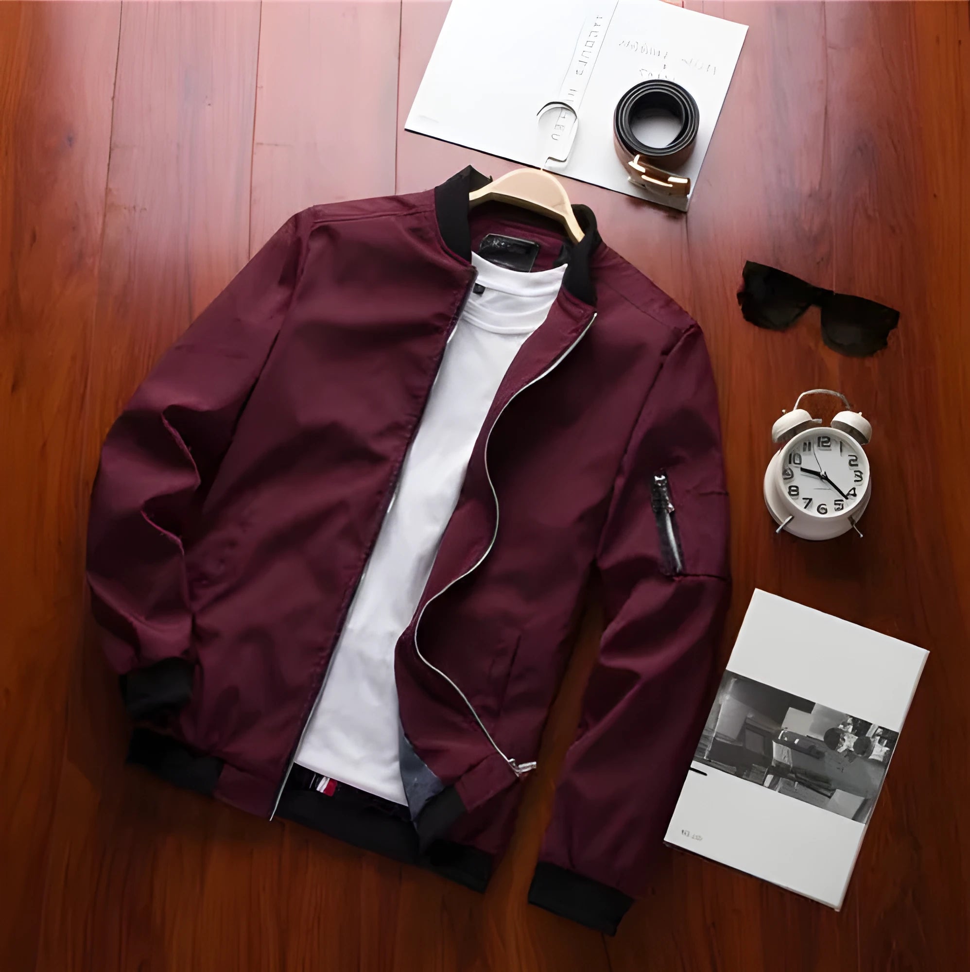 Men's slim fit casual baseball jacket with zipper closure and side pockets in a solid colour.