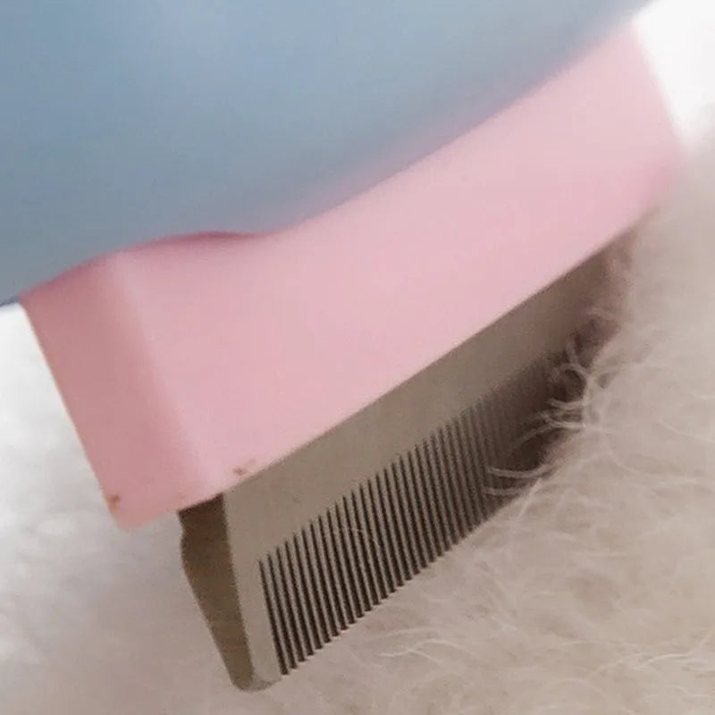 Red and blue pet grooming brush with double-sided deshedding comb for dogs and cats