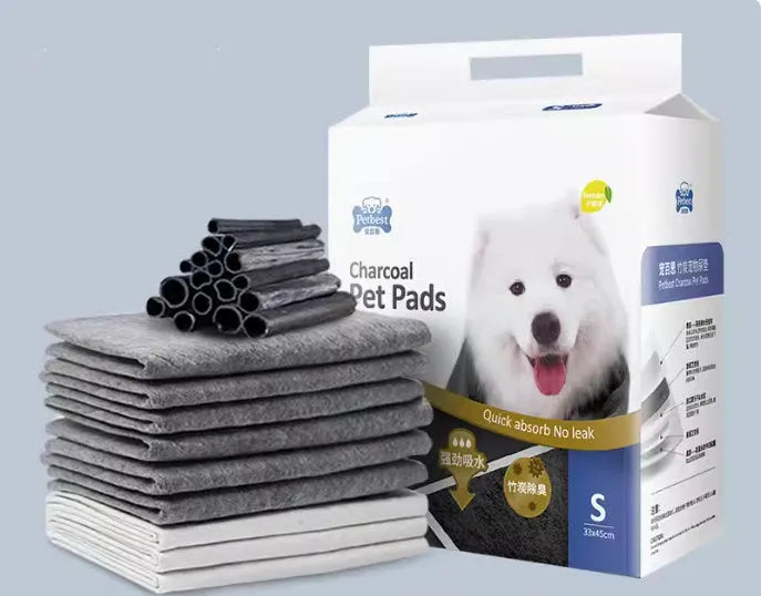 Pack of thickened dog urine pads showing adhesive backing and size options