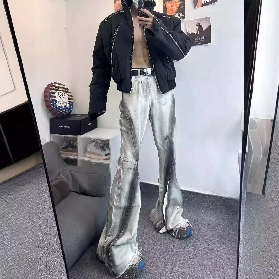 Men's white American street retro selvedge jeans with black ribbon gradient detailing and zip fly