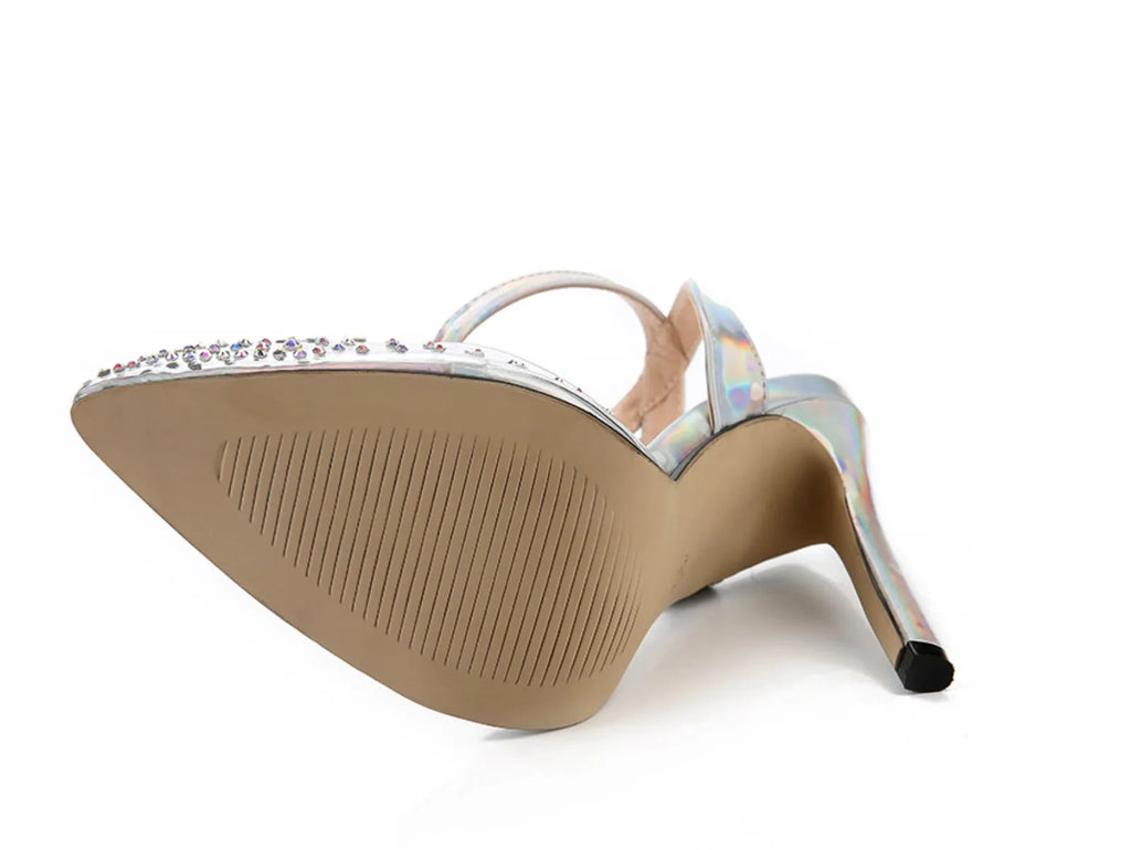 Women's pointed toe diamond sandals with stiletto heels on a white background