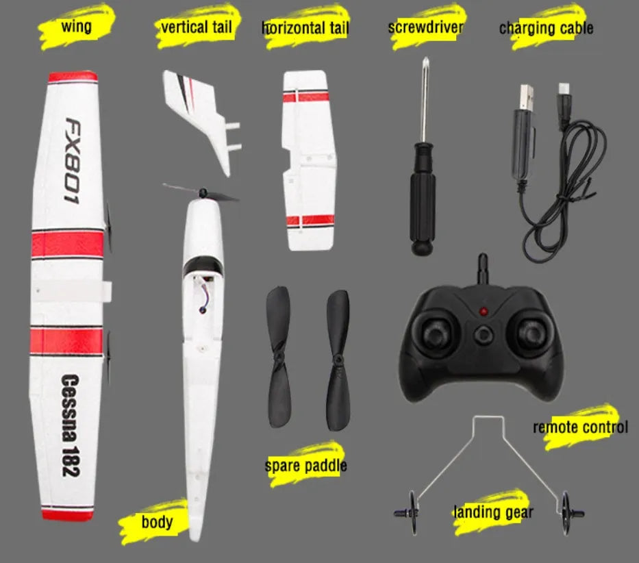 DIY Cessna 182 remote control glider in EPP foam with wing, tail, and landing gear components