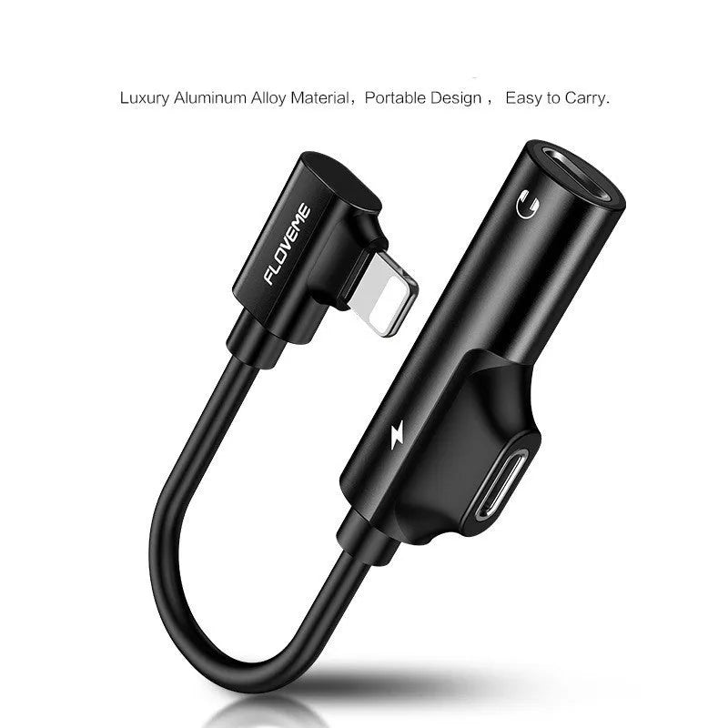 Lightning audio charging adapter in anodised aluminium alloy, 5V1A, black, with dual Lightning ports for charging and earphones