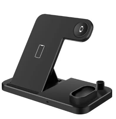 Black and white 4-in-1 wireless charging station showing phone on adjustable stand, Apple Watch, AirPods, and Apple Pencil charging simultaneously.