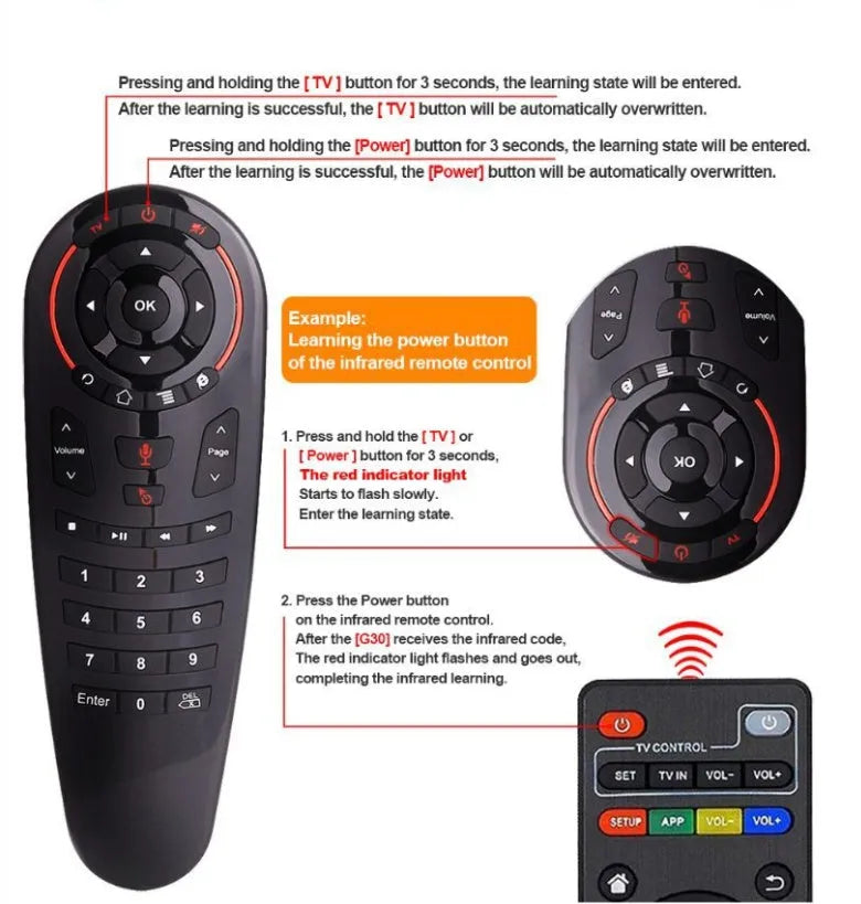 G30 wireless keyboard air mouse remote control with nano USB receiver on a table.