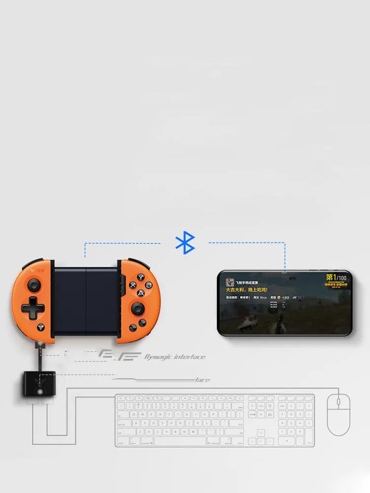 Feizhi Wee 2T blue and orange mobile game controllers with stretch handles and USB cables.