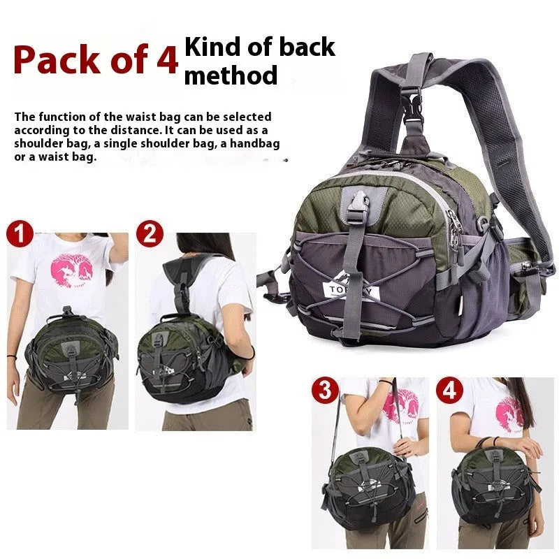Outdoor multi-functional sports waist bag in Army Green with 18L capacity and nylon construction, shown as crossbody bag