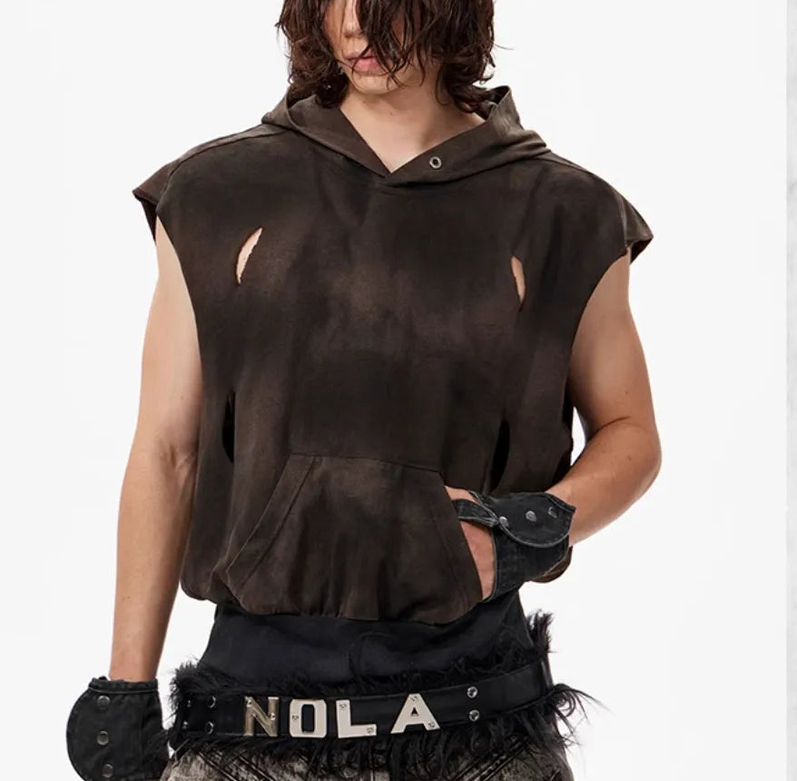 Cotton fabric short hood vest in khaki for teenagers, front view