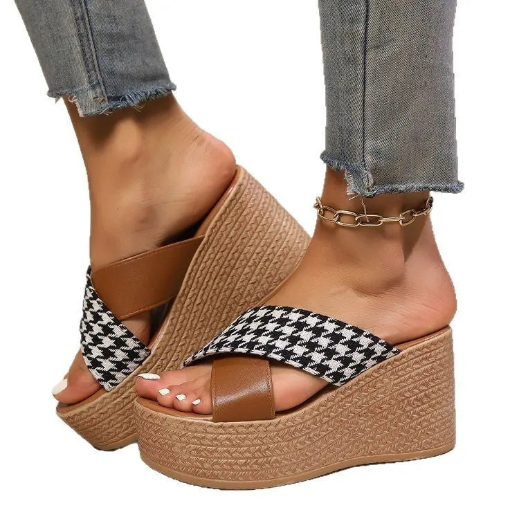 Cross leopard plaid wedge sandals in brown plaid and black pattern options with rubber soles