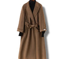 Men's tailored slim fit wool overcoat with a long suit collar in black or caramel colour.