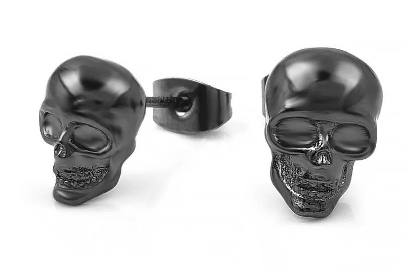 Small punk skull stud earrings in white copper with black colour, push-back closure