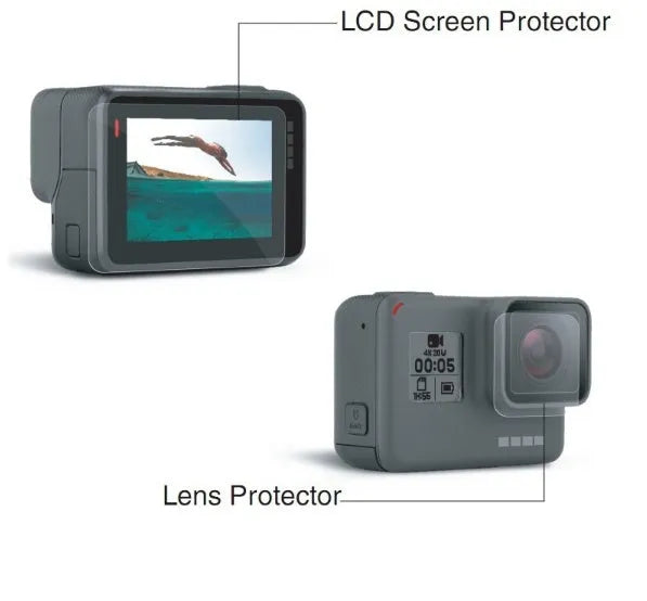 Transparent tempered glass screen and lens protector kit for GoPro Hero 5, 6, and 7 cameras