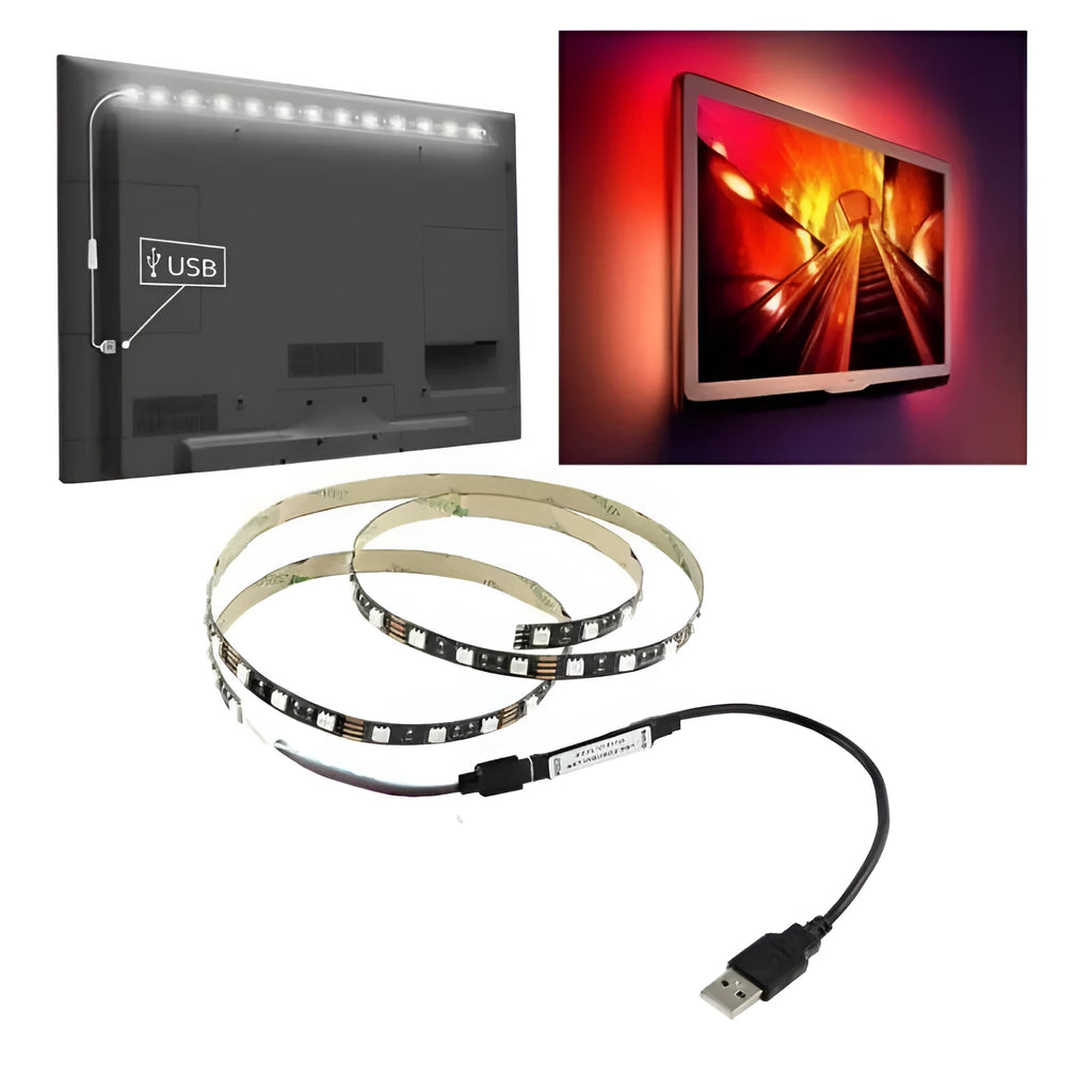 1 metre long USB LED light strip with attached cable, available in six colour options including white, blue, and red.