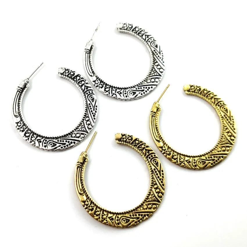 Bronze C-shaped alloy earrings with vintage engraving pattern, curved silhouette