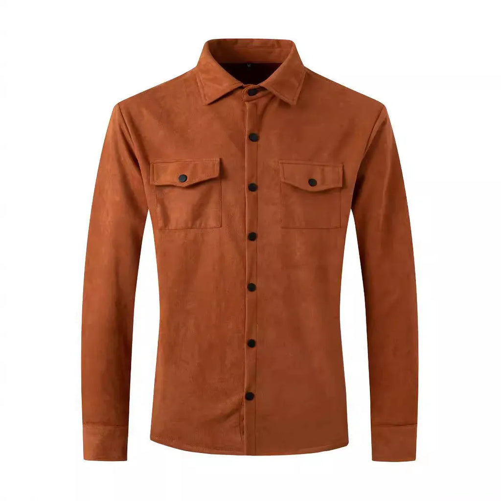 Men's turn-down collar casual jacket in solid colour with 3D patch pockets and loose fit