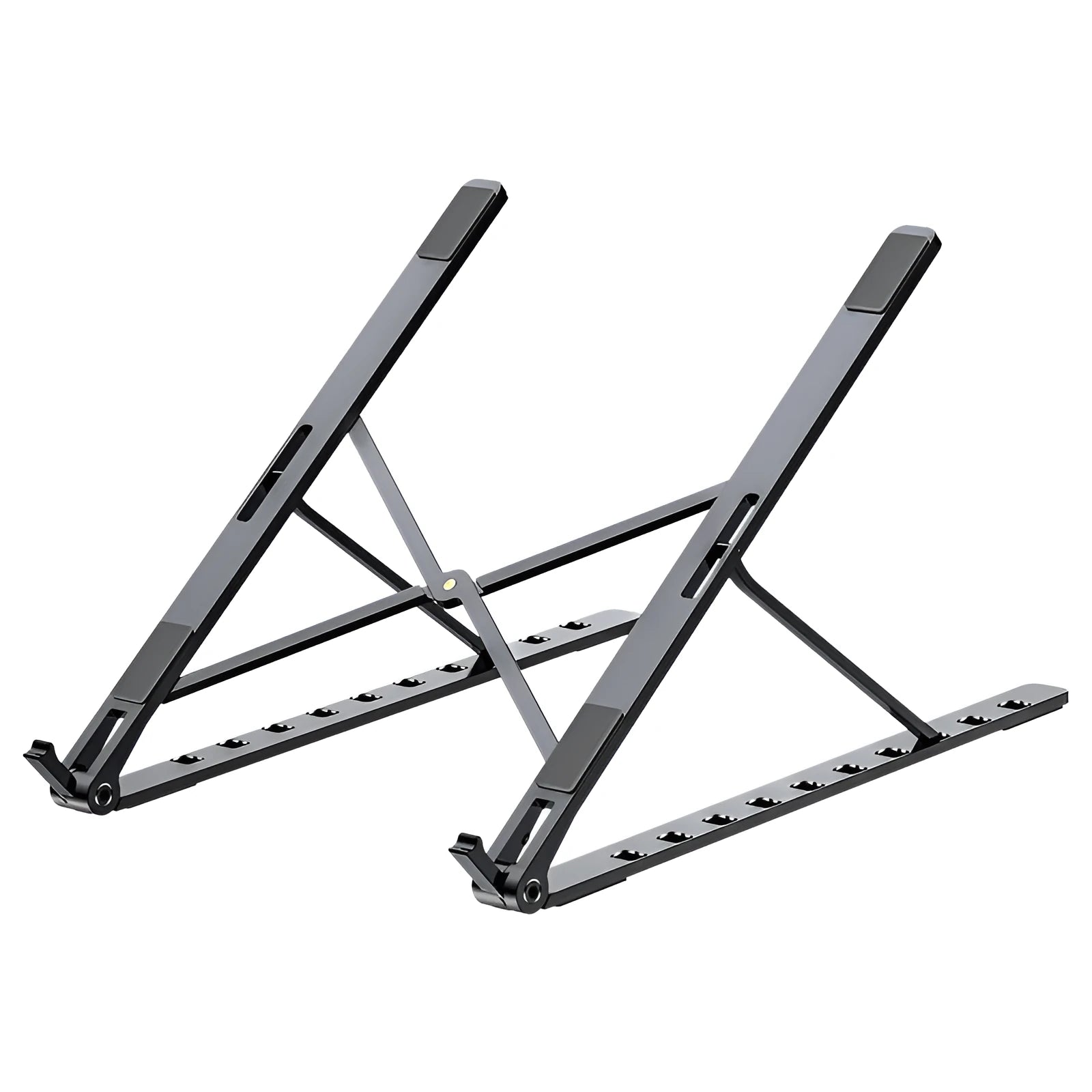 Folding flat aluminium alloy laptop stand in grey, 255x35x13mm, angled to show silicone pads and hinge mechanism