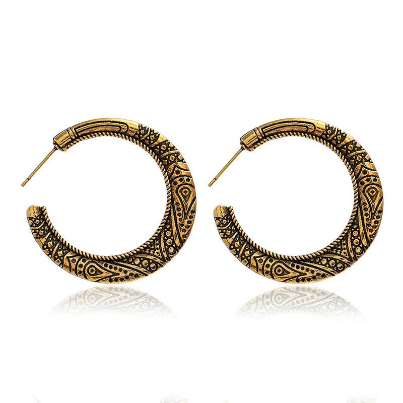 Bronze C-shaped alloy earrings with vintage engraving pattern, curved silhouette