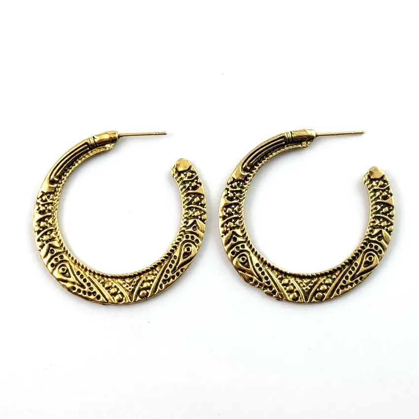 Bronze C-shaped alloy earrings with vintage engraving pattern, curved silhouette