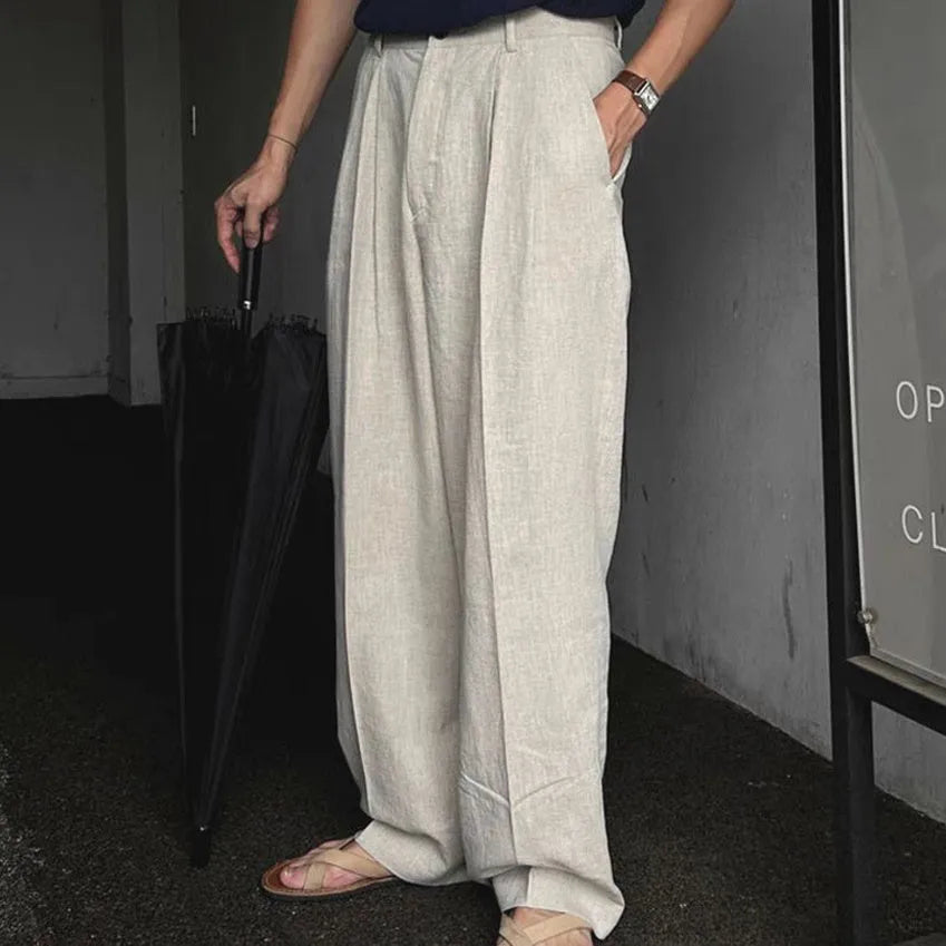Men's Korean-style loose fit cotton linen trousers in apricot, army green and purplish blue colours