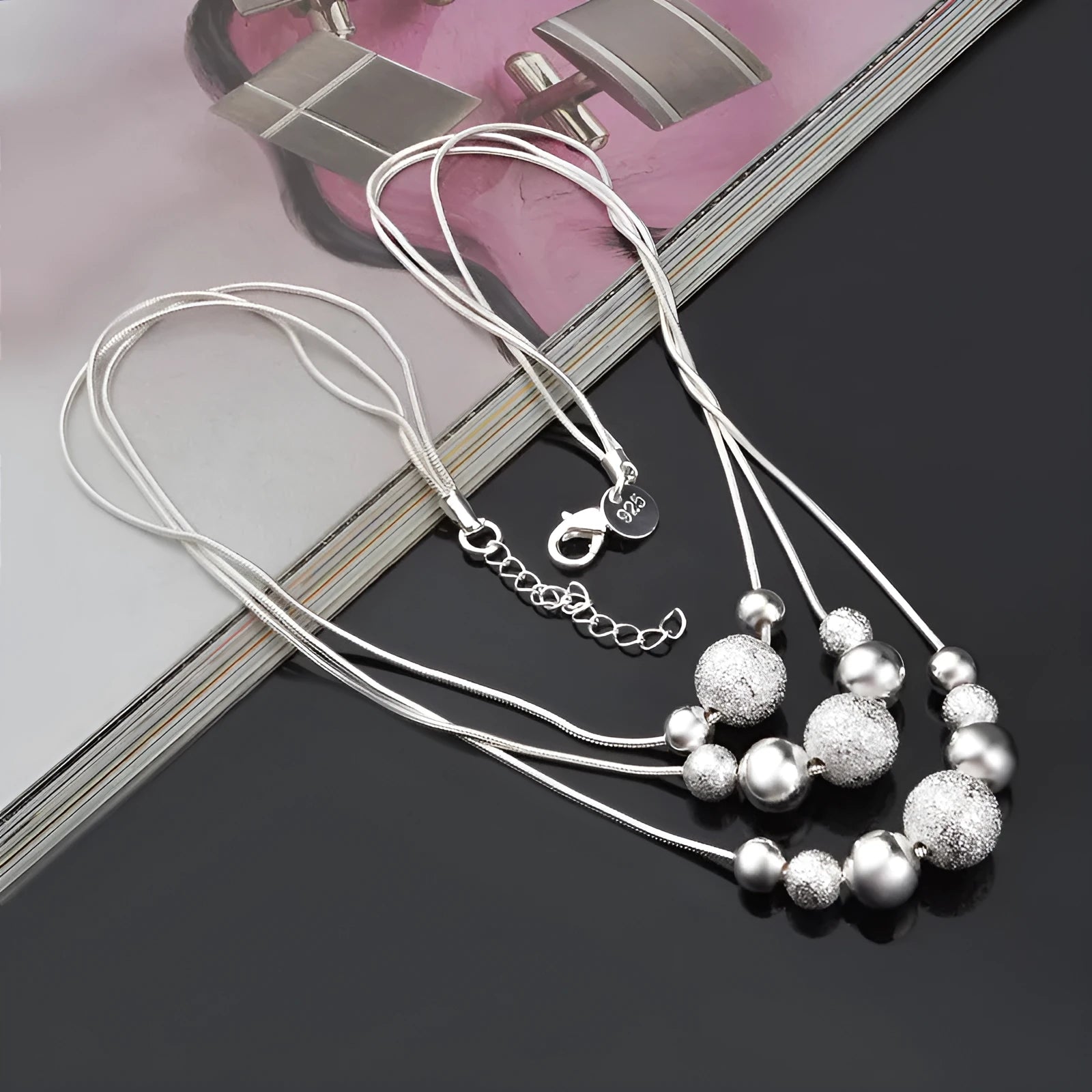 Electroplated silver copper bead necklace with 925 silver pendant and snake bone chain