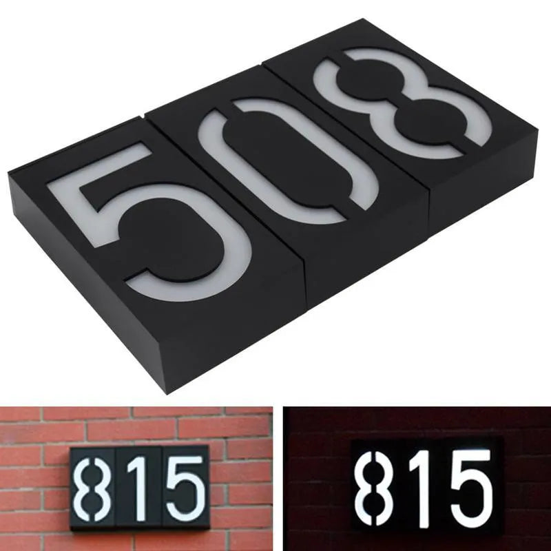 Solar powered outdoor house number light with LED illumination and concealed mounting design