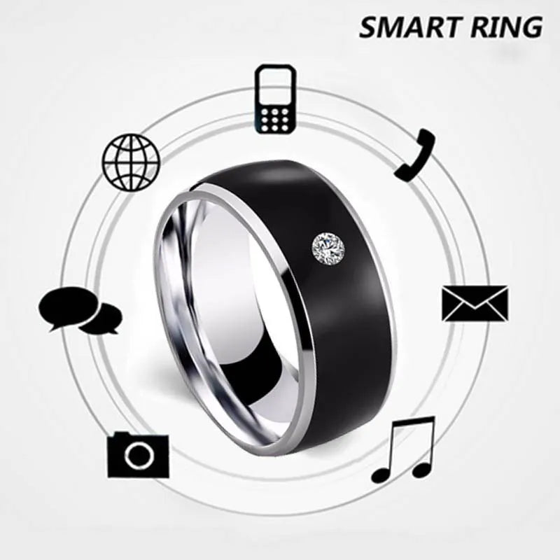 Black NFC multifunctional smart ring on finger for smartphone unlock, waterproof design