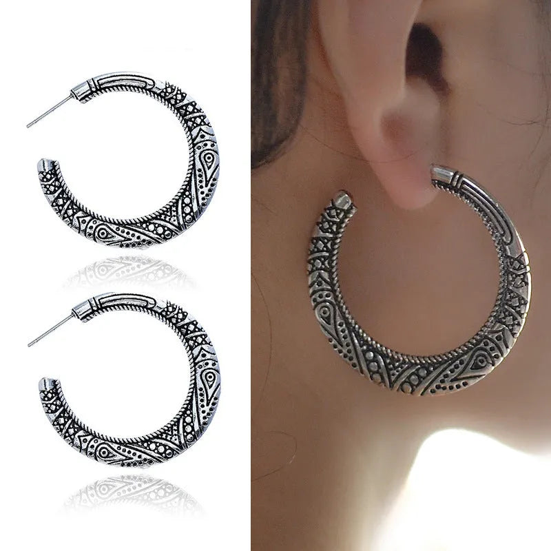 Bronze C-shaped alloy earrings with vintage engraving pattern, curved silhouette