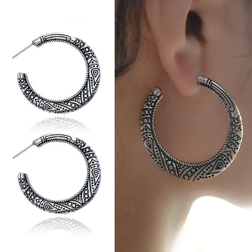 Bronze C-shaped alloy earrings with vintage engraving pattern, curved silhouette