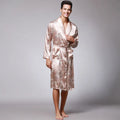 Men silk robe in wine red with V-neck and long sleeves, satin fabric with 95% modal, available in sizes L to 3XL