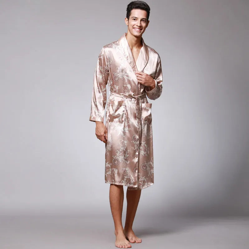 Men silk robe in wine red with V-neck and long sleeves, satin fabric with 95% modal, available in sizes L to 3XL