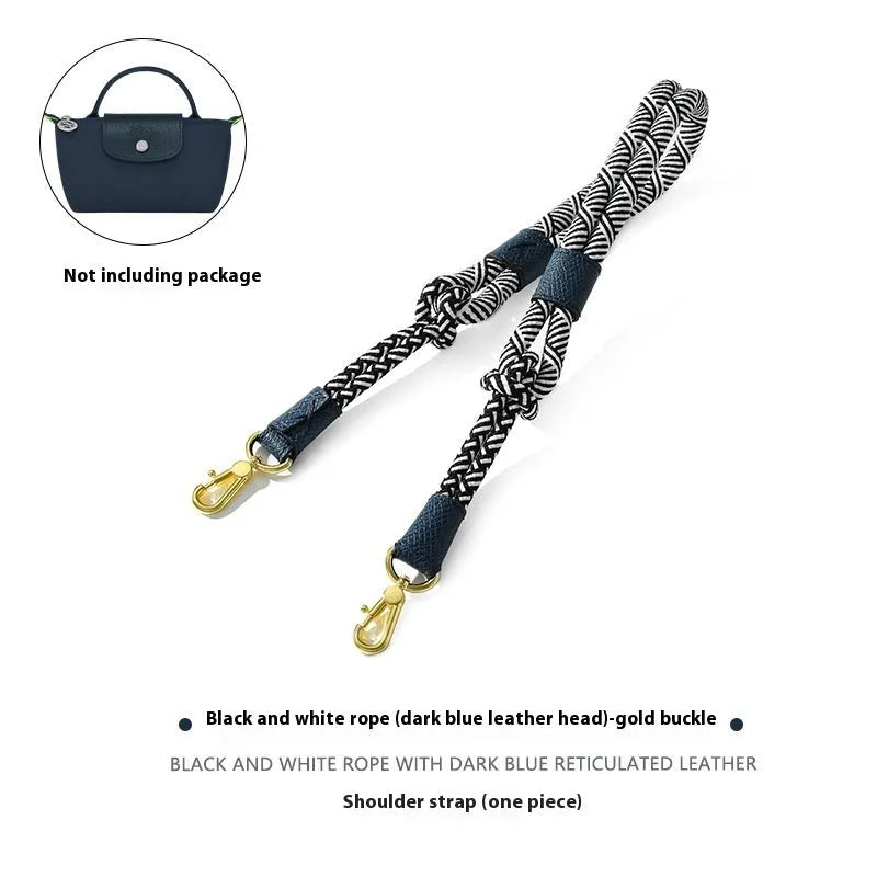 Braided nylon and cowhide leather crossbody strap with alloy buckle in gold or silver finish