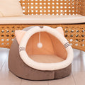 Enclosed cat litter kennel with plus velvet lining in camel colour, side view with mat included
