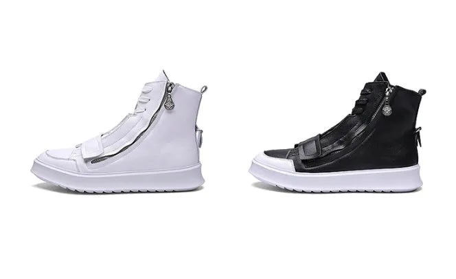 Men's black PU leather ankle boots in high-top sneaker style with microfiber construction