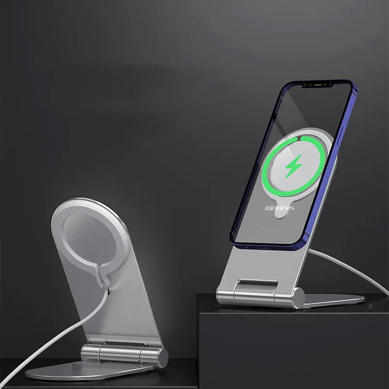 Silver aluminium alloy magnetic phone bracket for iPhone 12 showing adjustable vertical positioning